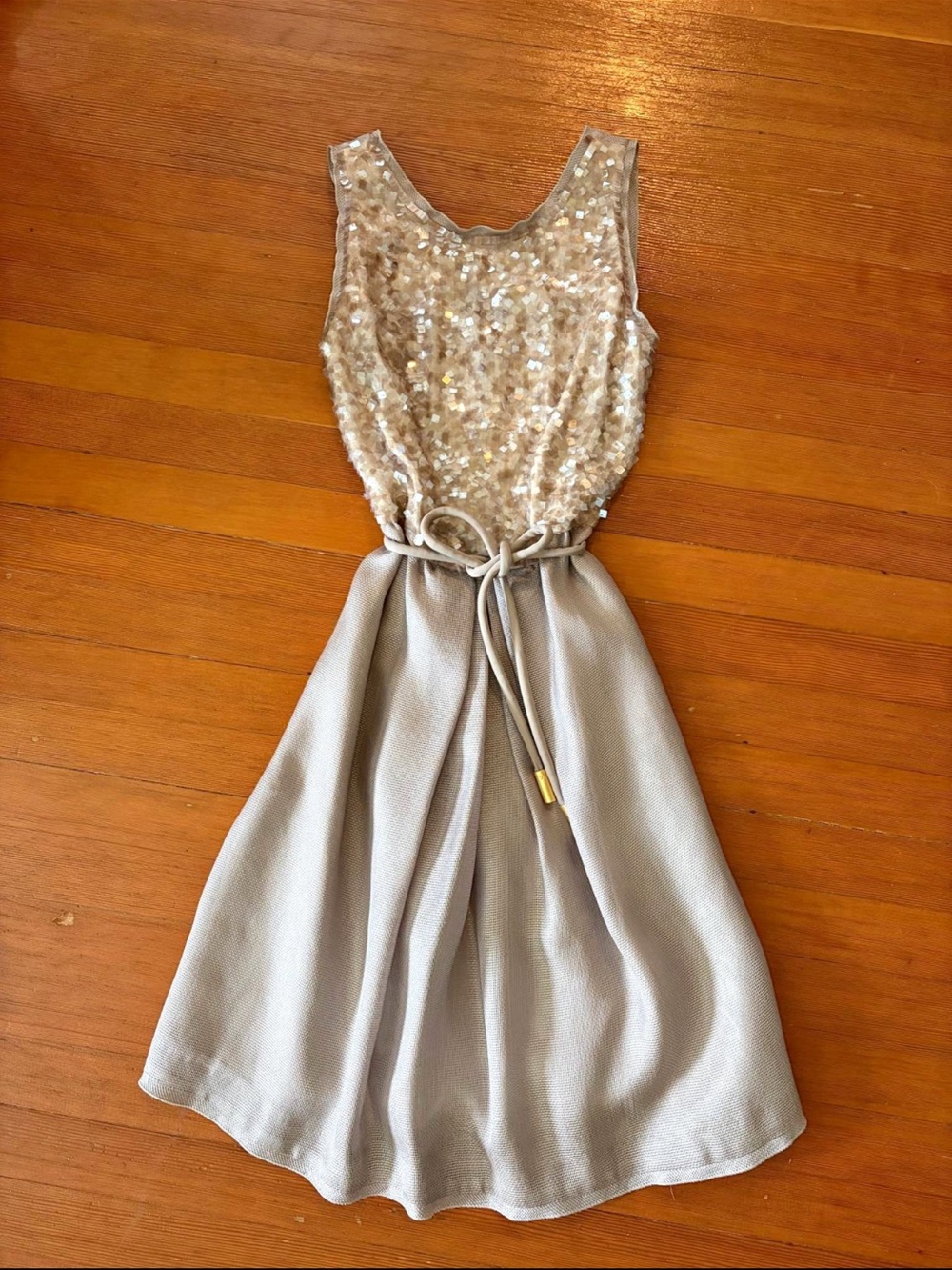 Escada Sequin Bodice Midi Dress in Champagne and Light Gold